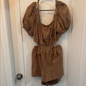 Mustard Seed Tan Romper with Puff Sleeves
